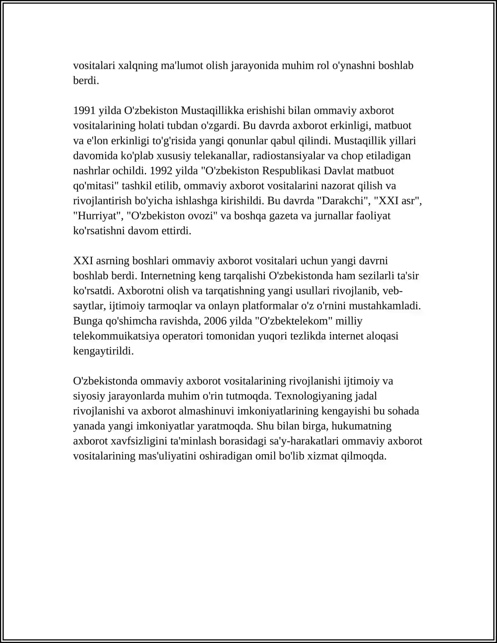 O’ZBEKISTON RESPUBLIKASIDA OMMAVIY AXBOROT VOSITALARINING FAOLIYATI 4