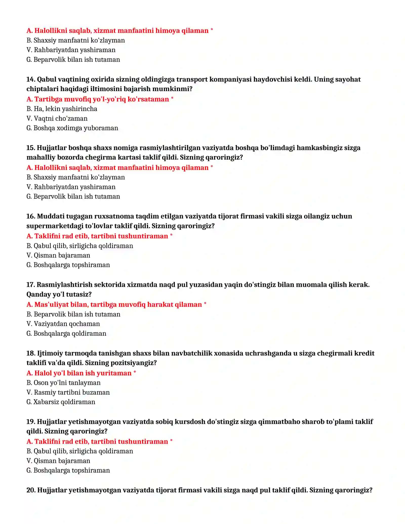BOJXONA AKADEMIYASI - KASBIY TANLOV TEST SAVOLLARI (№ 19) 4