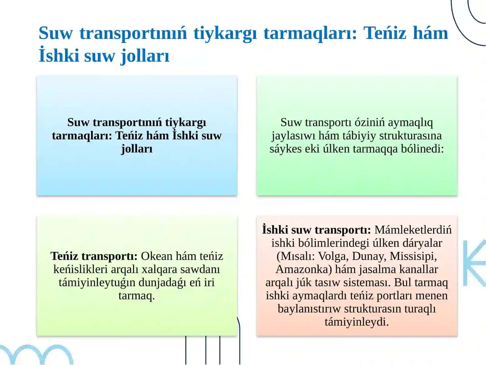 Suw transportı aymaqlıq rawajlanıwı hám tiykargı tarmaqları 4