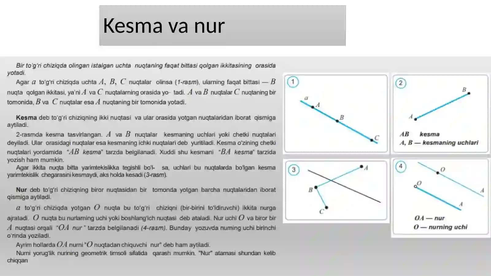 Sodda  geometrik  figuralar  ta`riflar. Kesma  va  nur Kesmaning  uzunligi  va  uning  xossalari 4