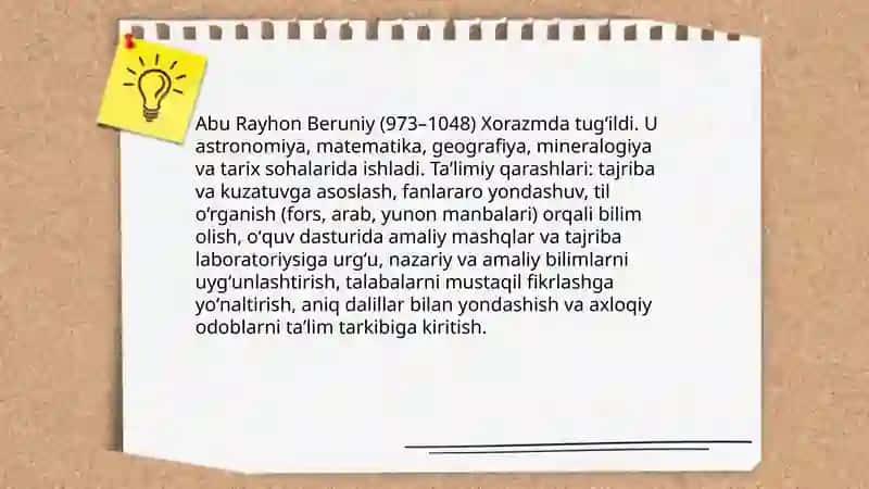 Sharq uygʻonish davrida pedagogik fikrlarning rivojlanishi Abu Rayhon Beruniy Abu Ali Ibn Sinoning taʼlimiy axloqiy qarashlari 4