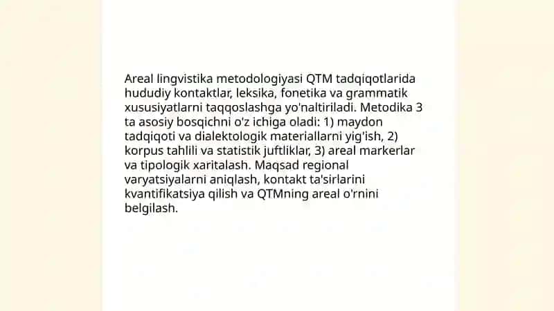 QTM haqida, areal lingvistika, dialektologiya asarlarni o'rganish 4
