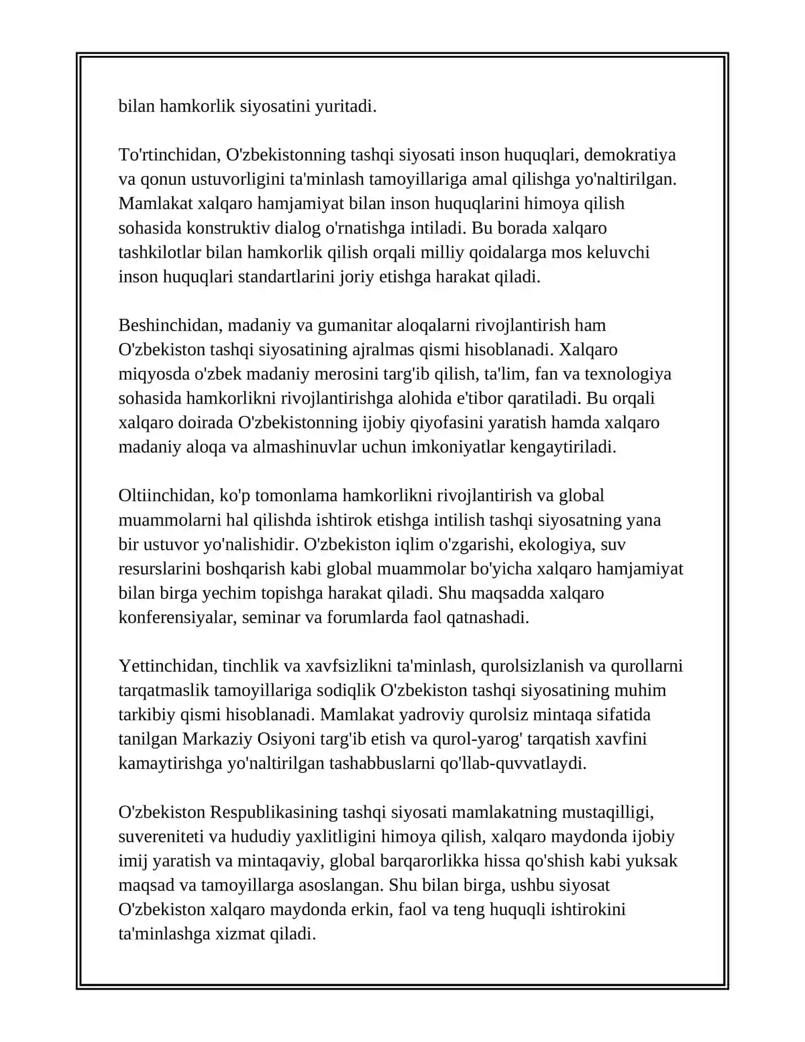 O'ZBEKISTONNING TASHQI SIYOSATI VA XALQARO ALOQALAR 4