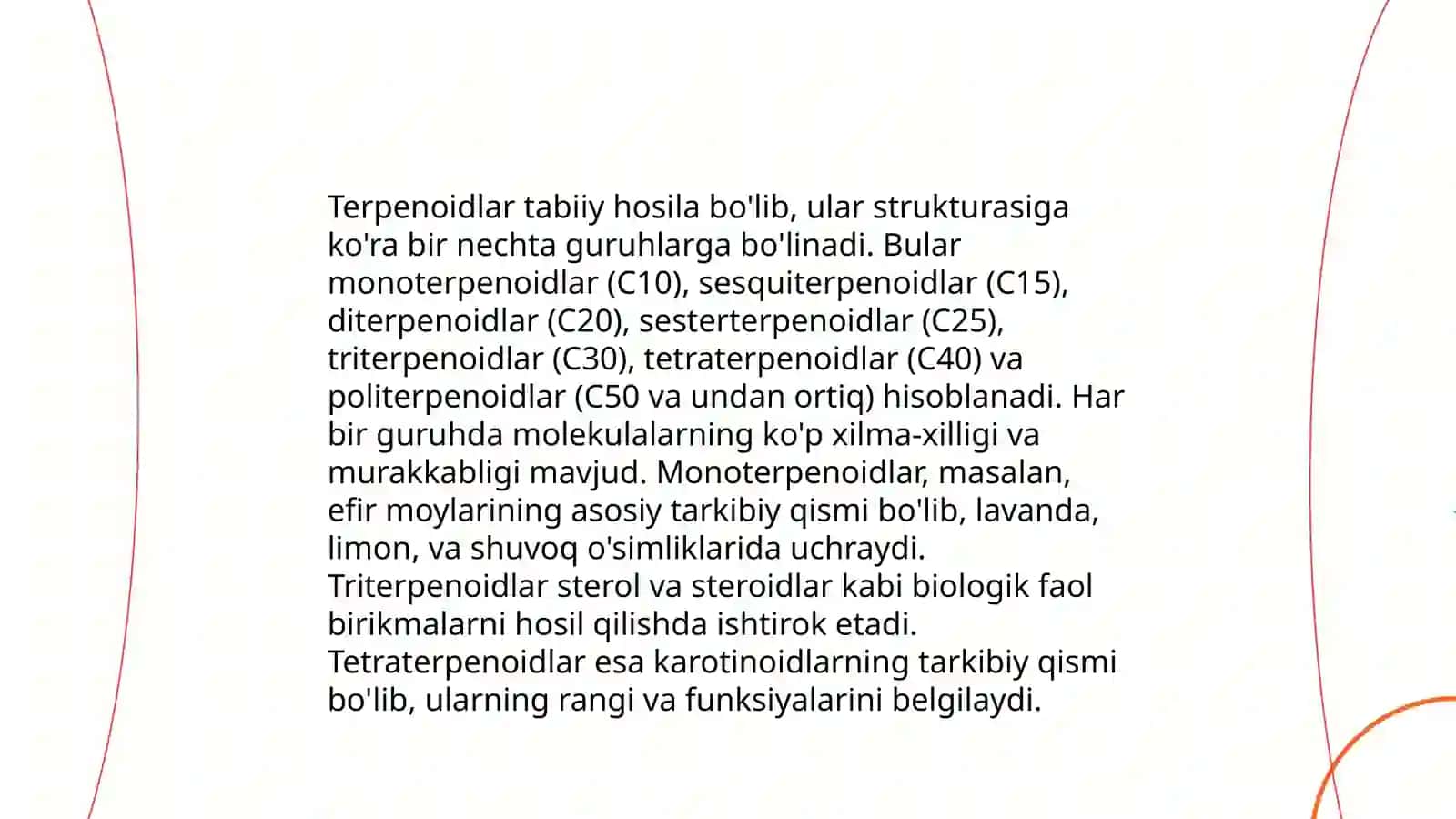 Terpenoidlarning kimyoviy tasnifi. Efir moylarining kimyoviy konstantalari: efir soni, sovunlanish soni, atsetillashdan so'nggi efir sonini aniqlash 4