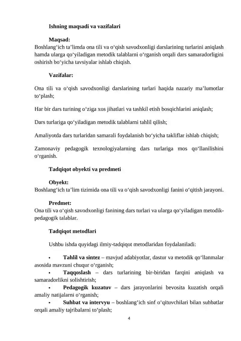 ONA TILI VA OQISH SAVODXONLIGI FANIDAN DARS TURLARI 4