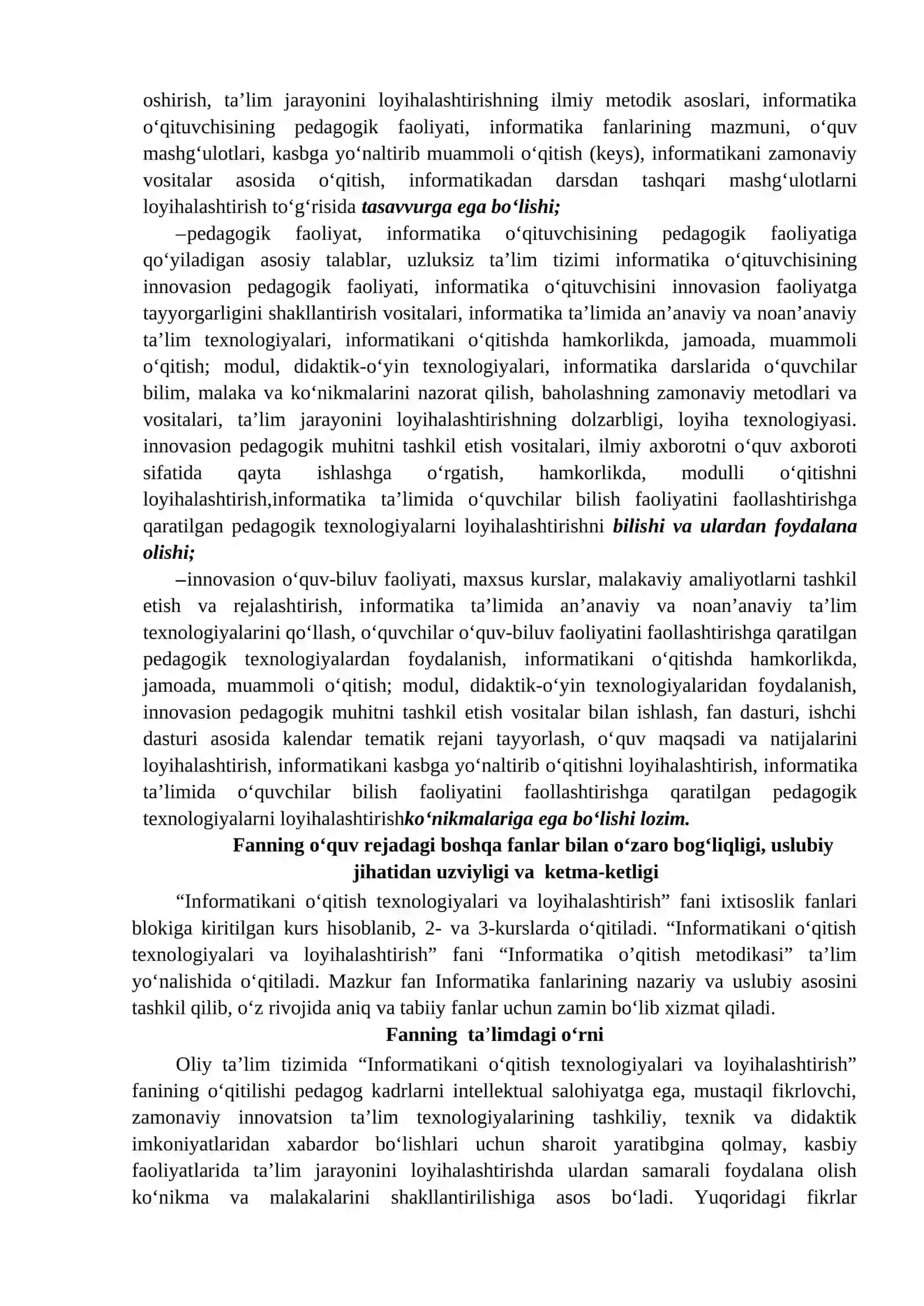 INFORMATIKANI O‘QITISH TEXNOLOGIYALARI VA LOYIHALASHTIRISH FANINING ISHCHI O‘QUV DASTURI 4