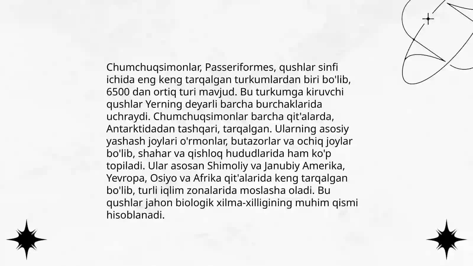 Oʻzbekistonda tarqalgan chumchuqsimonlar xilma-xilligi,ularni tarqalishi,biologik xususiyatlari va amaliy ahamiyati by Julmurodova Sarvinoz 4