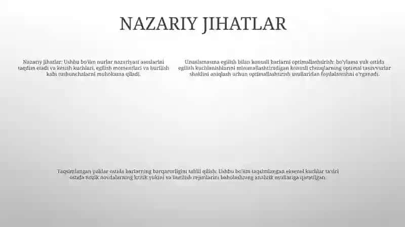 Turli xil yuklanish sharoitlariga duchor bo'lgan tuzilmalarining harakatlarini tahlil qilish 4