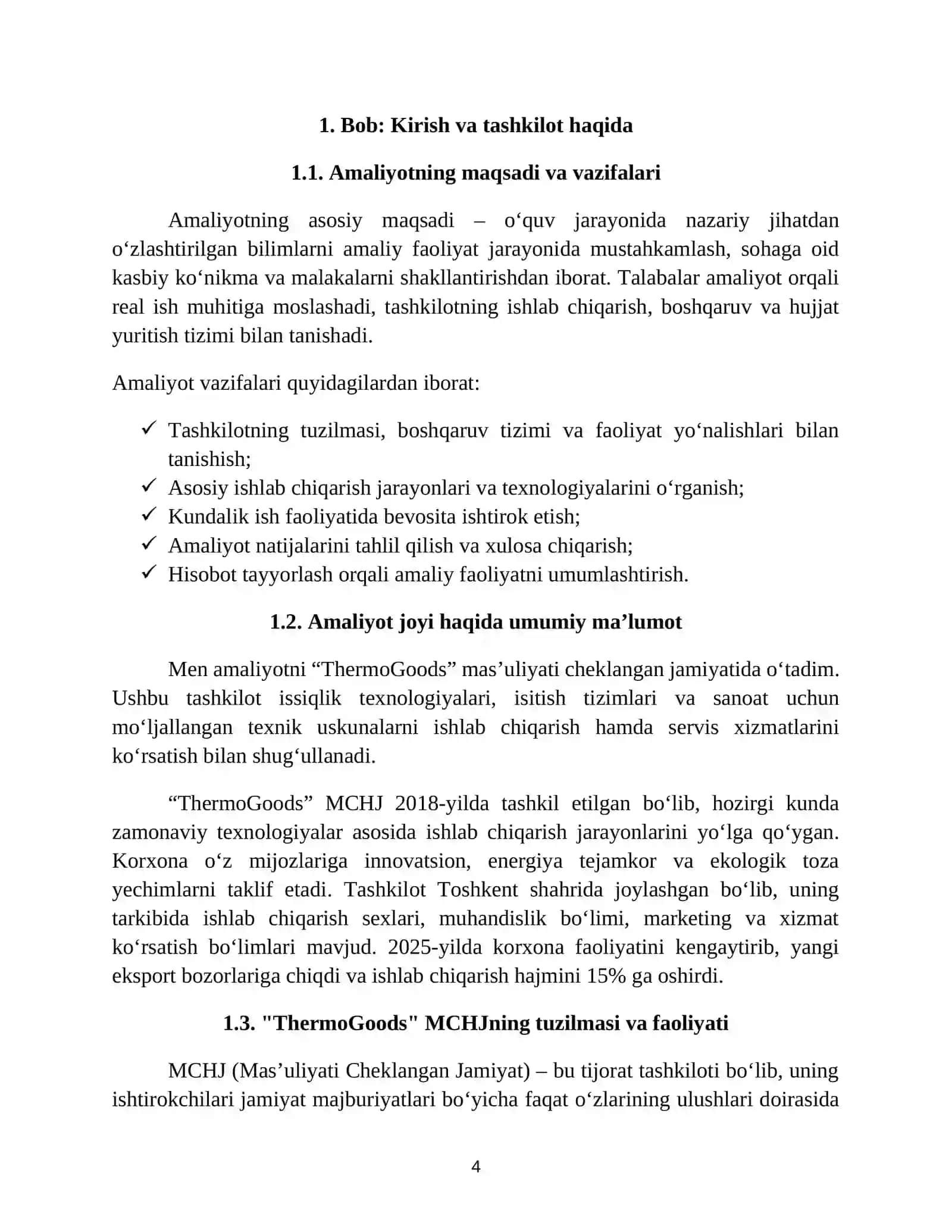 Issiqlik texnalogiyalari va jihozlarini ishlab chiqarish korxonasi boʻyicha amaliyot hisoboti. 4