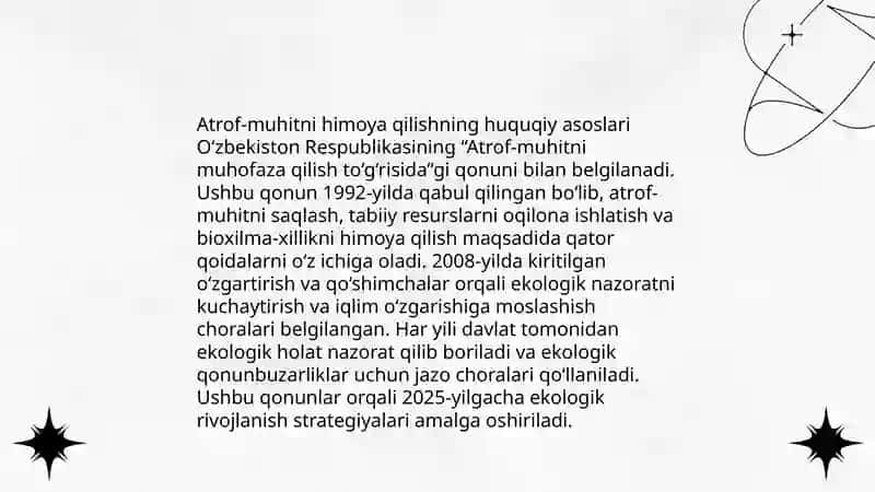 Tarbiya fanini o`qitishda o‘quvchilarga ekologik qonunlar, xalqaro ekologik kelishuvlar va iqlim o‘zgarishiga qarshi kurashish siyosatlarini tushuntirish 4