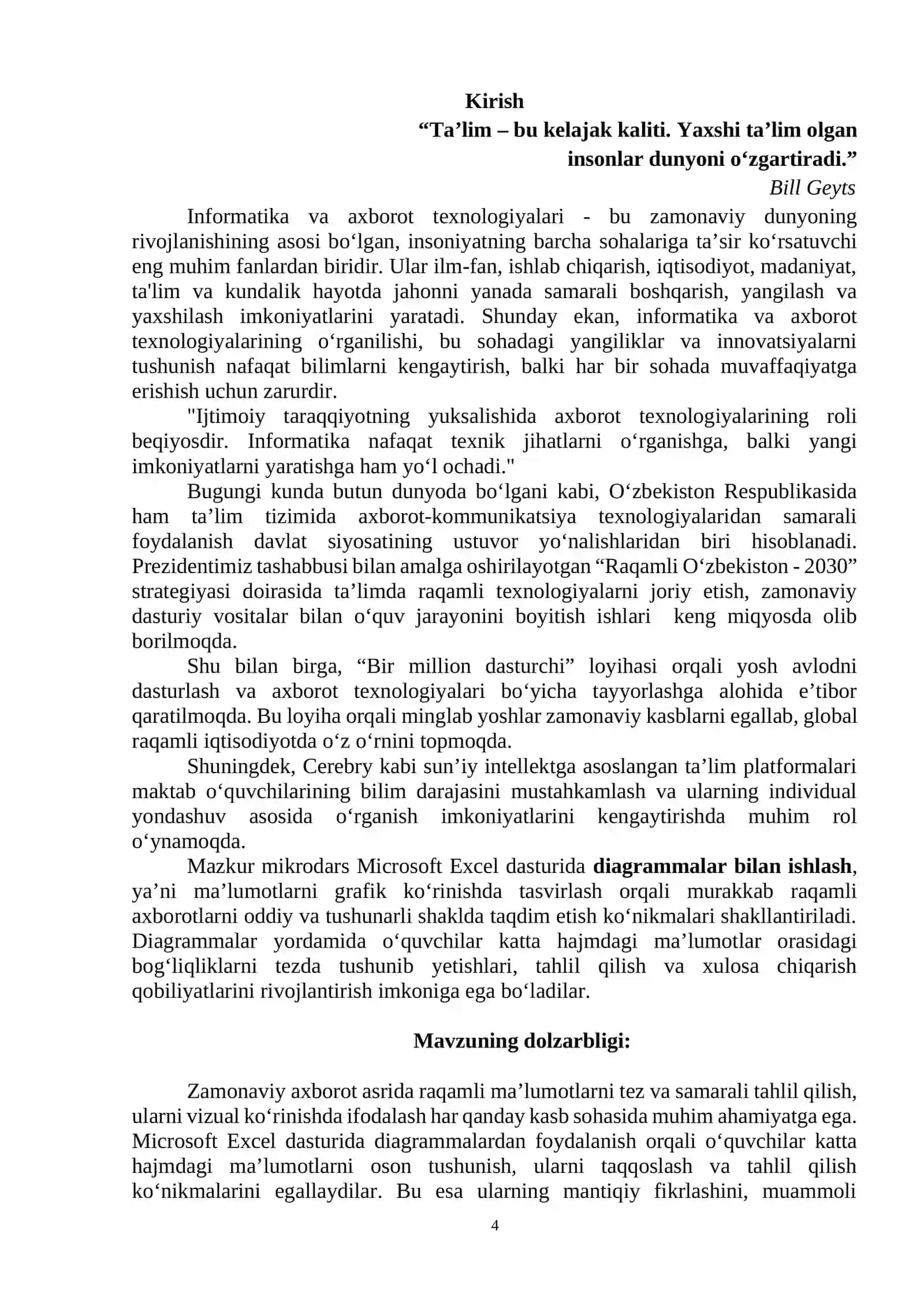 Diagramma turini tanlash. Diagrammaga x-oʻqi, y-oʻqi hamda diagramma nomini joylash 4