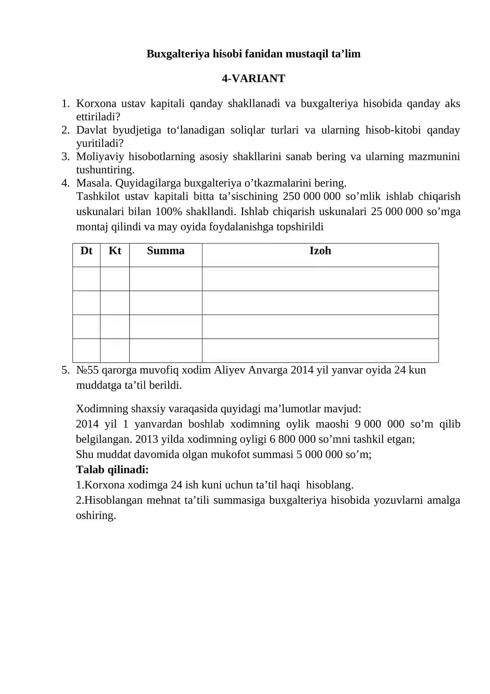 Moliya hisob fanidan mustaqil ta’lim 4
