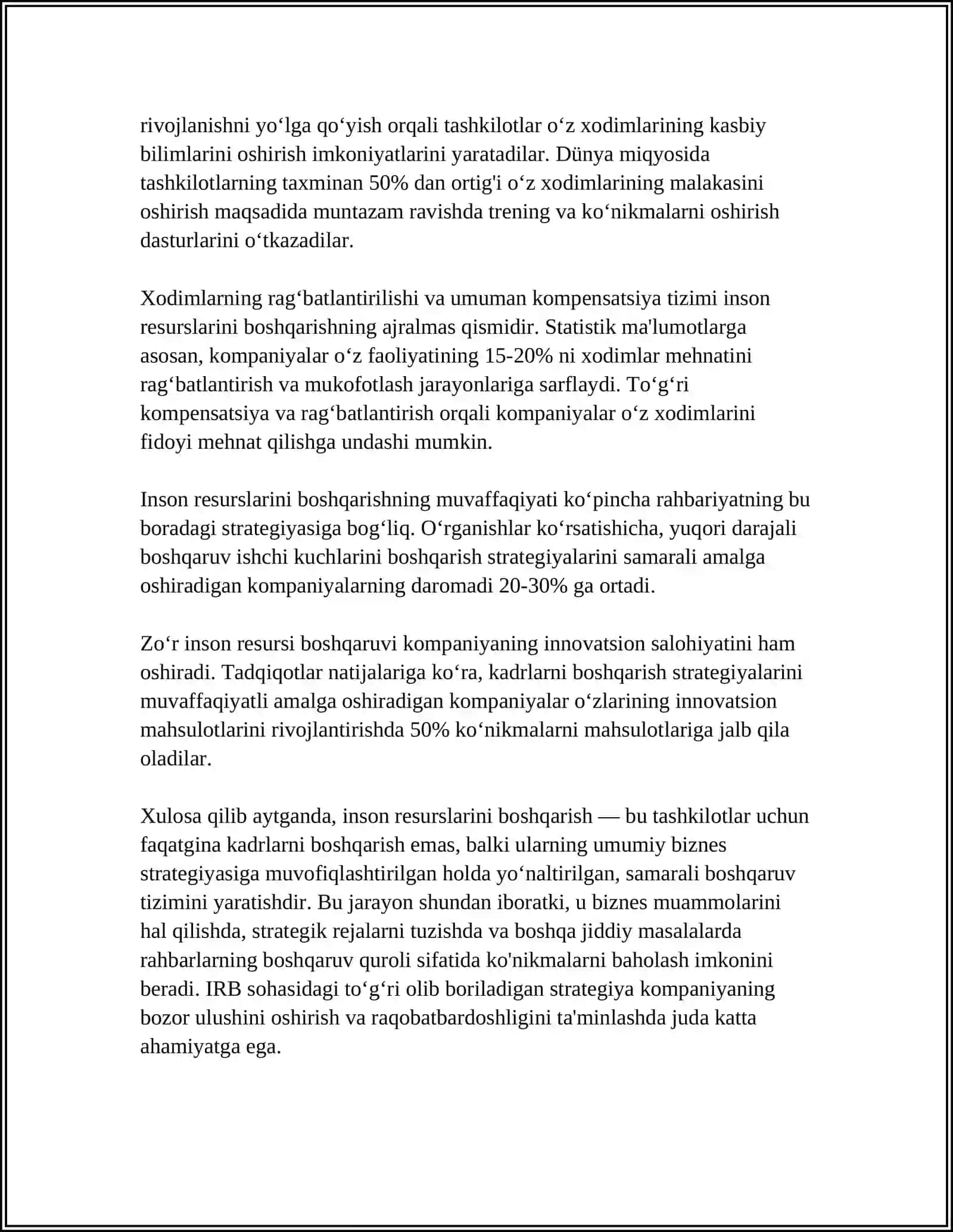 MUSTAQIL ISH Mavzu: INSON RESURSLARINI BOSHQARISH, XODIMLAR ISH FAOLIYATINI BAHOLASH USULLARI 4