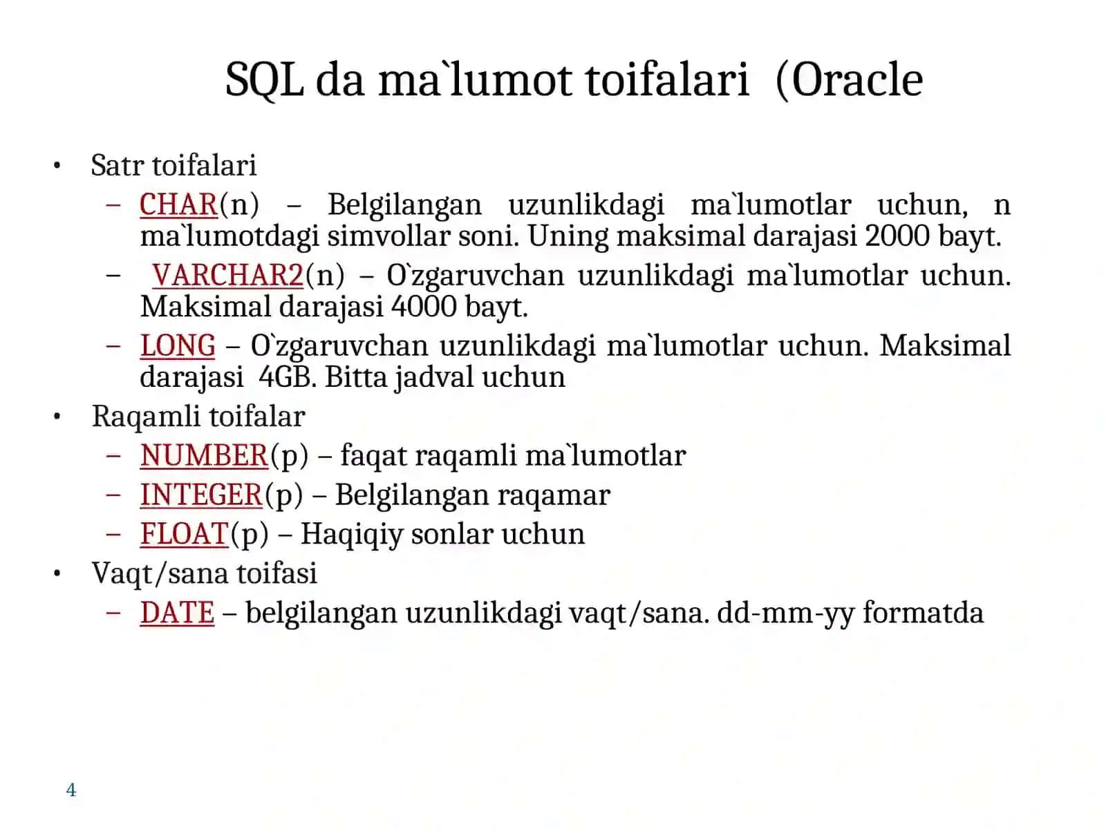SQL operatorlarni yozish.  DDL komandasi yordamida ma’lumotlarni 4