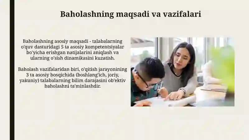 Tarbiya fanini oqitishda oquvchilarning bilim,konikma va malakalarinitashxisetish 4