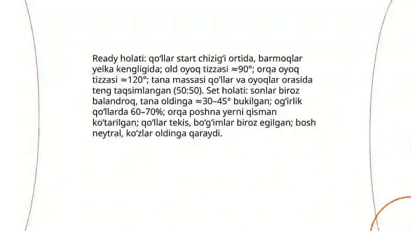 Yengil atletikada. Pastki startdan chiqish texnikasi 4