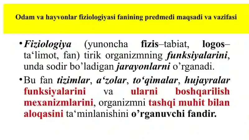 “Odam va hayvonlar fiziologiyasi” faniga kirish. 4