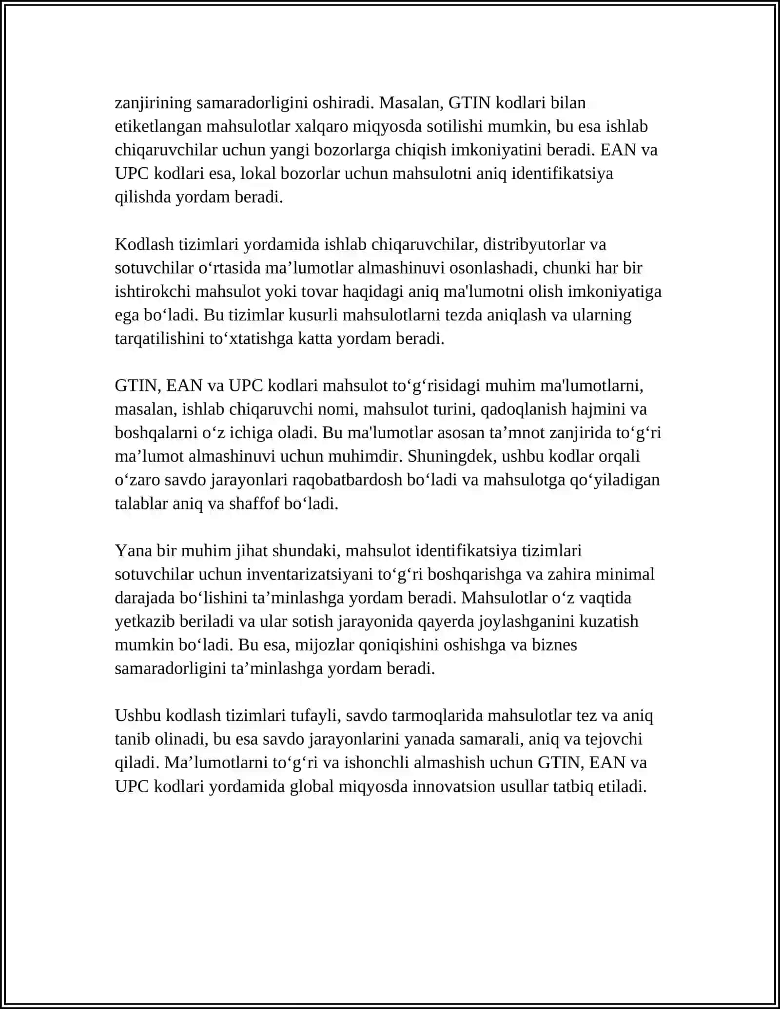 MAHSULOT HAQIDAGI MA'LUMOTLARNI STANDARTLASHTIRISH VA KODLASH 4