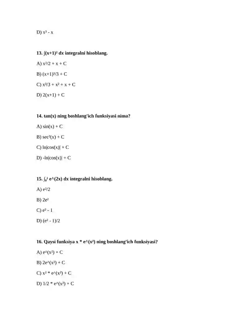 Boshlangʻich funksiya va integral mavzusida 20 talik test.2 ta vatiant 4