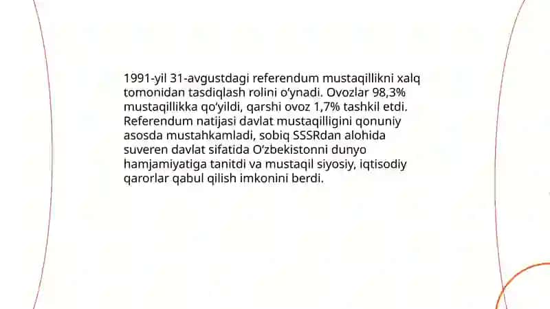 Mustaqil Oʻzbekiston Respublikasi tashkil topishi va uning tarixiy ahamiyati 4