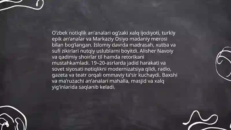 Oʻzbek notiqlik sa'nati tarixini oʻrganish.Roviylik sa'nati haqida tushuncha 4