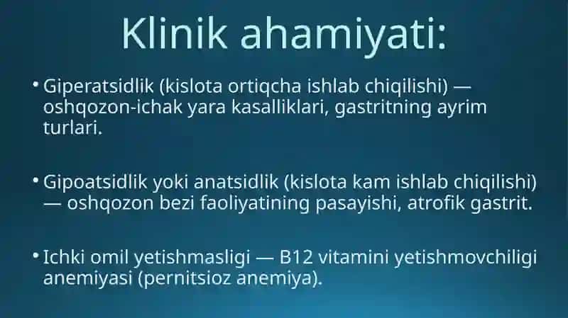 Oshqozon suyuqligi tashhisining klinik ahamiyati. Giperatsid holatlarda va oshqozon-ichak yara kasalliklarida antatsid preparatlarini qo‘llashning biokimyoviy asoslari 4