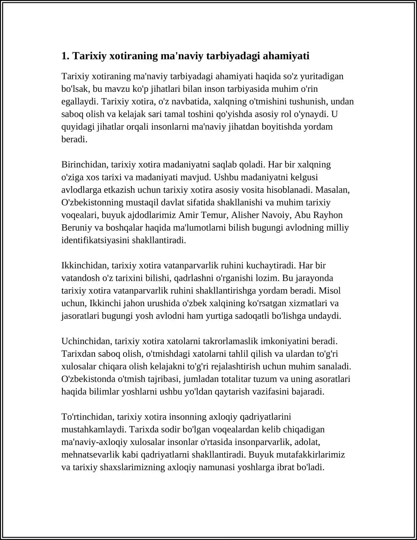 Oʻzbekiston Respublikasi Prezidenti Sh.M. Mirziyoyevning ma'naviy yetuk shaxsni tarbiyalashda tarixiy xotiraning oʻrni va saboqlari toʻgʻrisidagi fikrlari 4