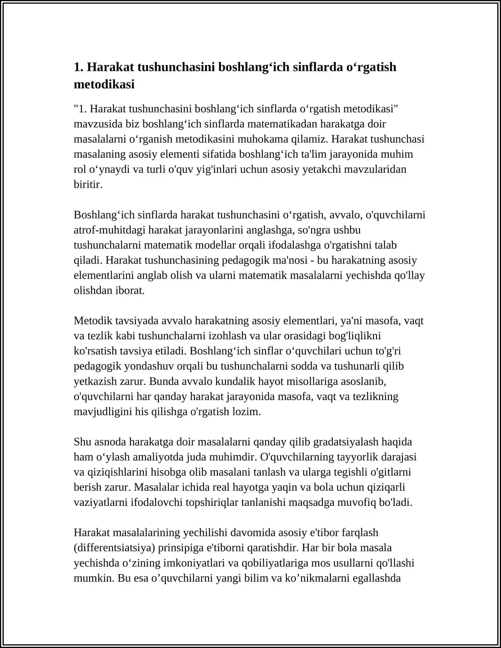 BOSHLANGʻICH SINFLARDA MATIMATIKADAN HARAKATGA DOIR MASALALARNI OʻRGANISH METODIKASI 4