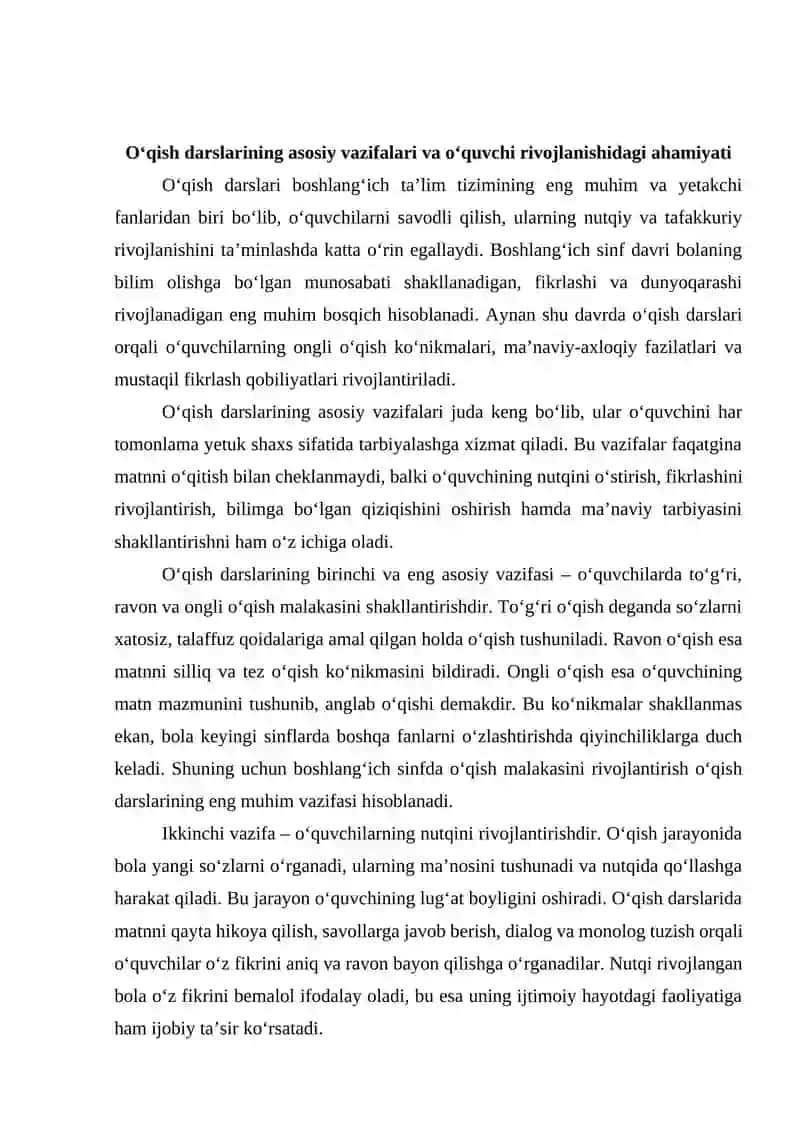 O‘qish darslarining maqsad va vazifalari, ta’limiy-tarbiyaviy ahamiyati 4