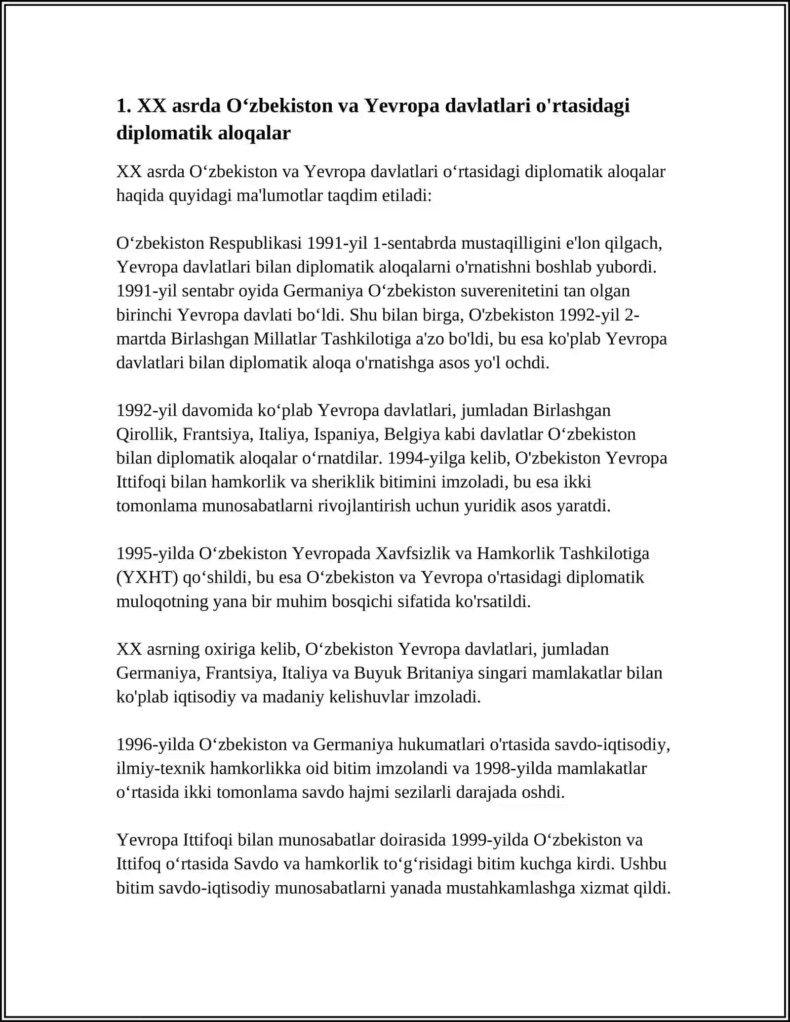 XX ASR OXIRI-XXI ASR BOSHLARIDA OʻZBEKISTON VA YEVROPA MAMLAKATLARI MUNOSABATLARINING TARIXSHUNOSLIGI 4