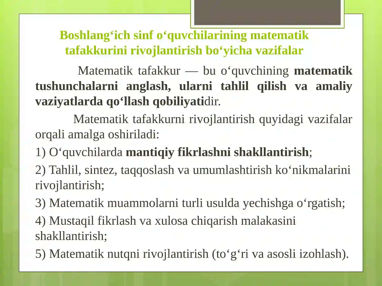 Boshlang‘ich sinfo‘quvchilarining matematika tafakkurini rivojlantirish va matematika darslarini samarali tashkil etish metodikasi 4