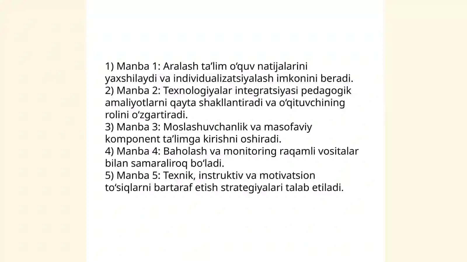 Masofaviy taʼlim noanʼanaviy shaklini 5 ta adabiyotdan tahlil qilish 4