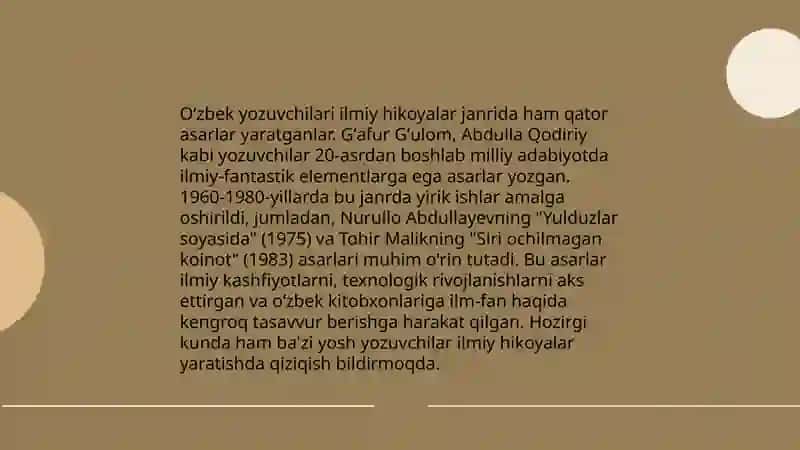 Tabiatga oid òzbek hamda jahon yozuvchilarining ilmiy hikoyalarini tòplash,òrganish va tahlil qilish 4