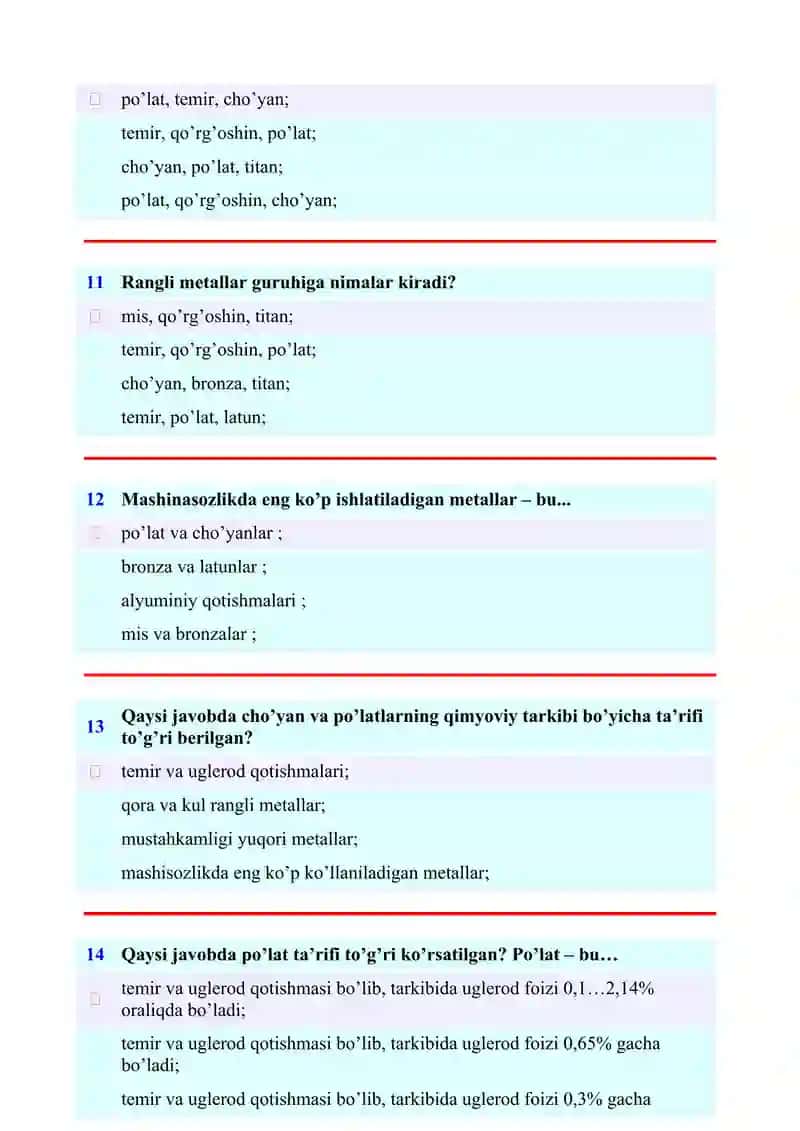 KONSTRUKSION MATERIALLAR TEXNOLOGIYASI FANIDAN 100TA TEST SAVOLLARI TO‘PLAMI 4