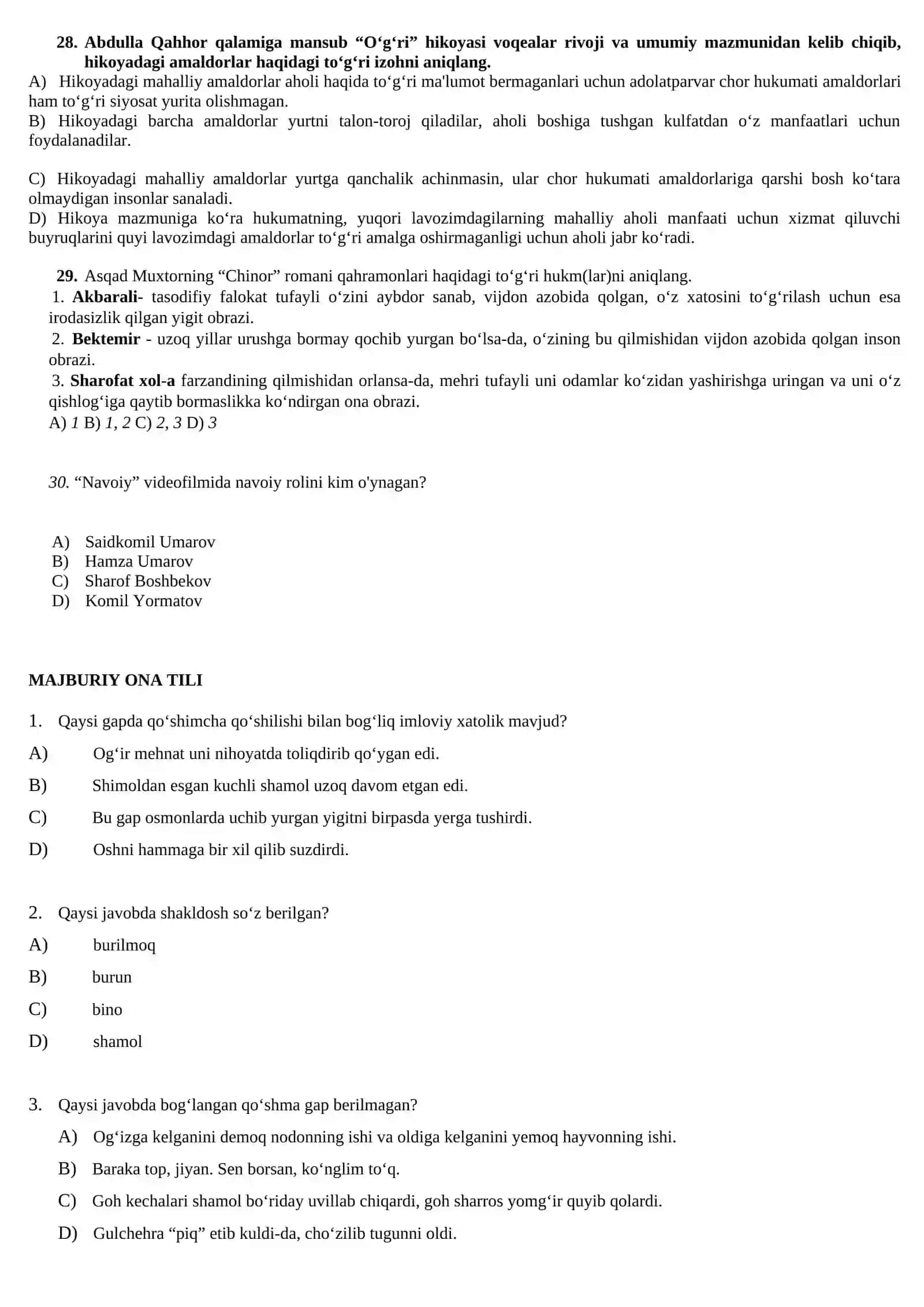 Ona tili va adabiyot fanidan TEST 4