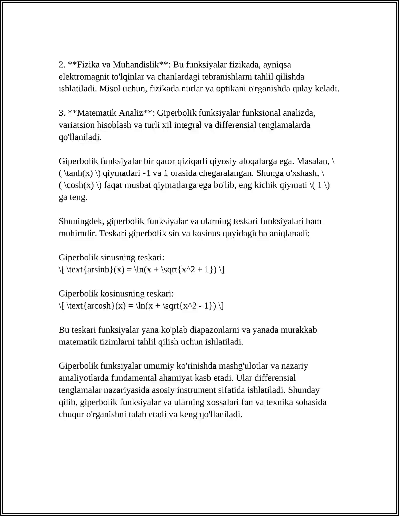 GIPERBOLIK VA TESKARI GIPERBOLIK FUNKSIYALAR. YOPIQ EGRI CHIZIQ BO'YICHA OLINGAN INTEGRAL 4