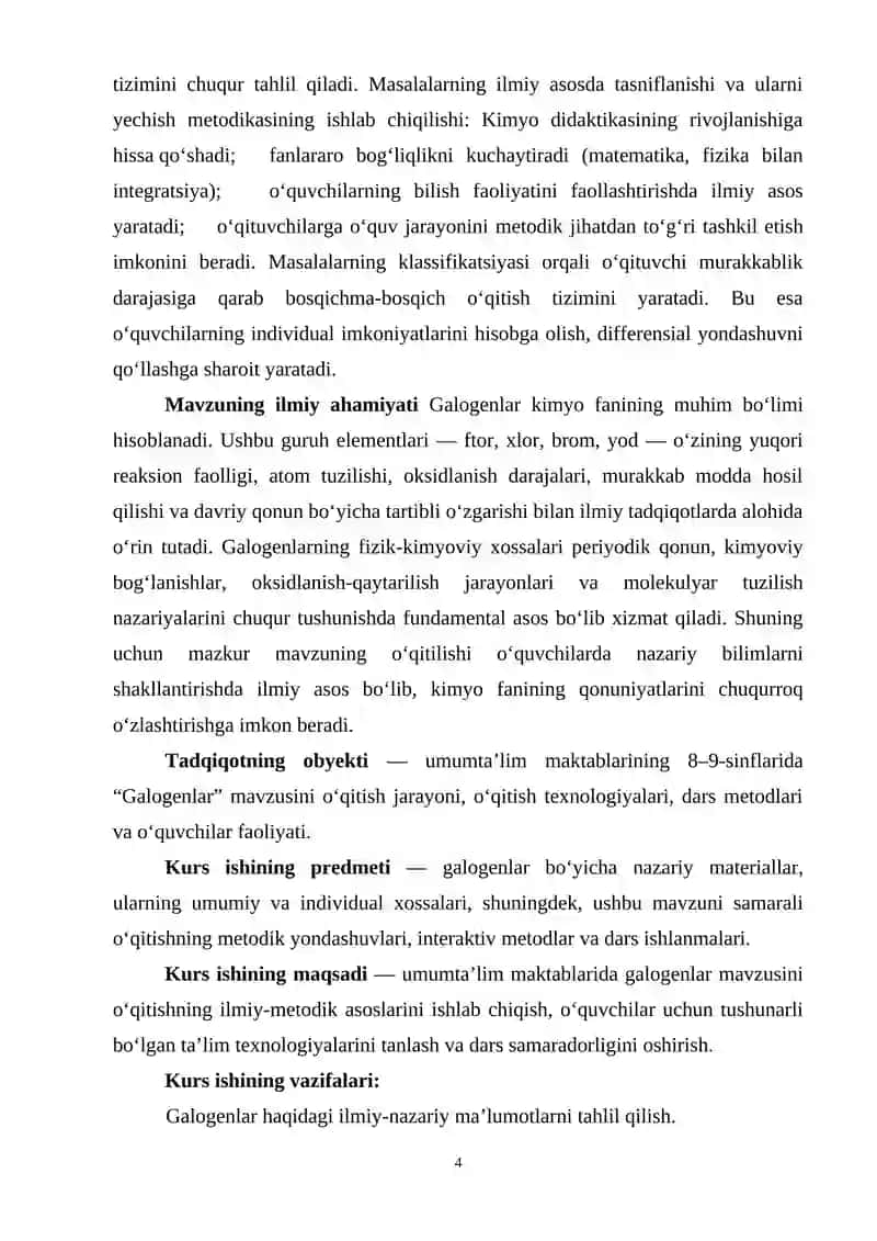 GALOGENLAR MAVZUSINI UMUMTA’LIM MAKTAB KIMYO KURSIDA O‘QITISH METODIKASI 4