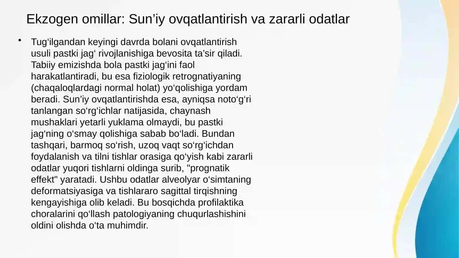 Prognatik prikus. Prognatik prikusning shakllanishi. Etiologiya va patogenezi. Klinikasi, tekshirish va davolash usullari. 4