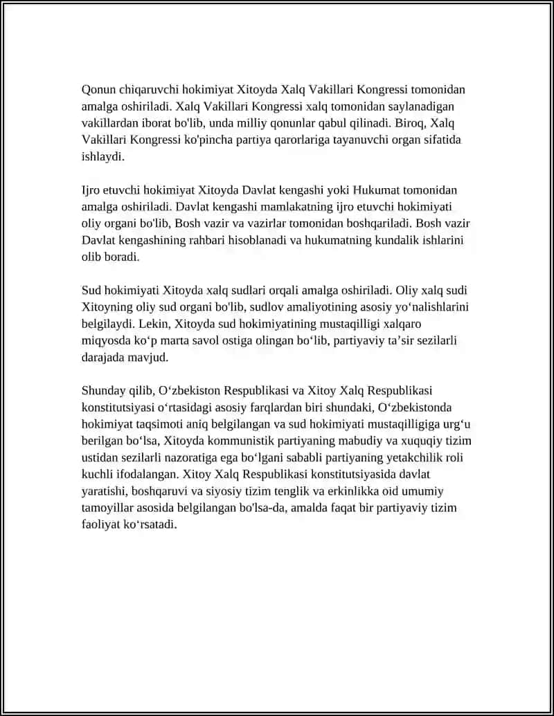 OʻZBEKISTON RESPUBLIKASI KONSTITUTSIYASI VA XITOY XALQ RESPUBLIKASI KONSTITUTSIYASI FARQLARI 4