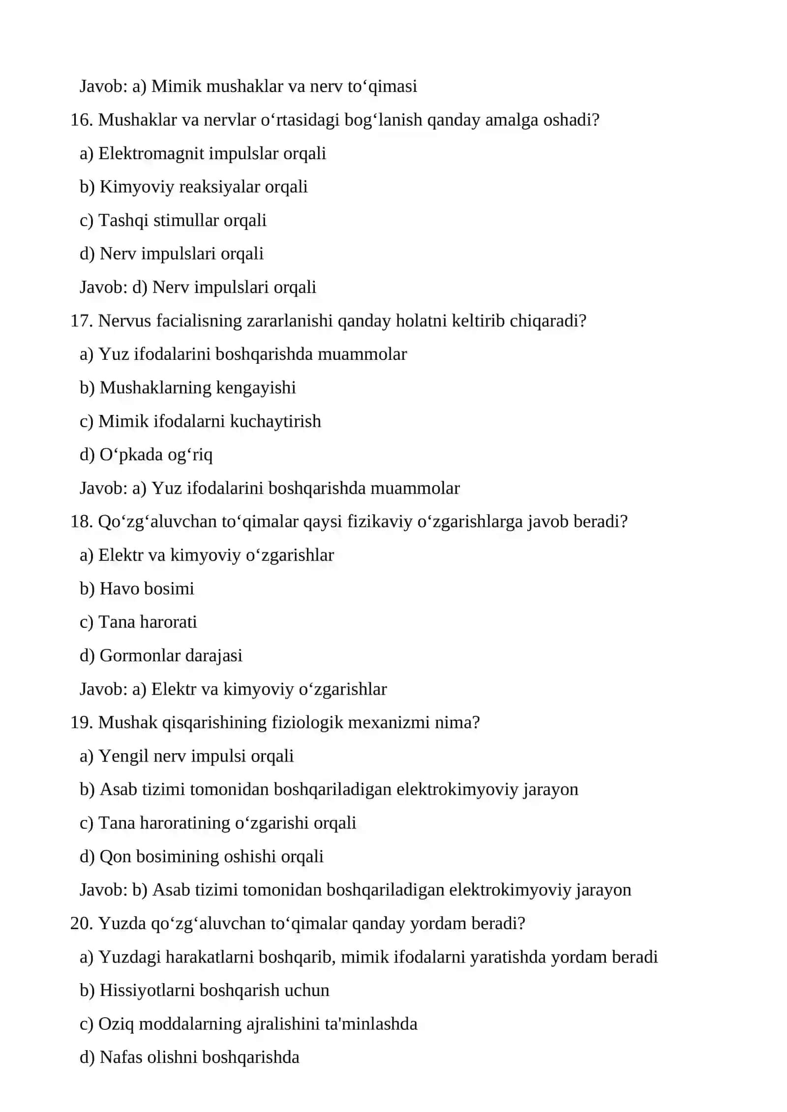 Qo'zg'aluvchan to'qimalar fiziologiyasi test 4
