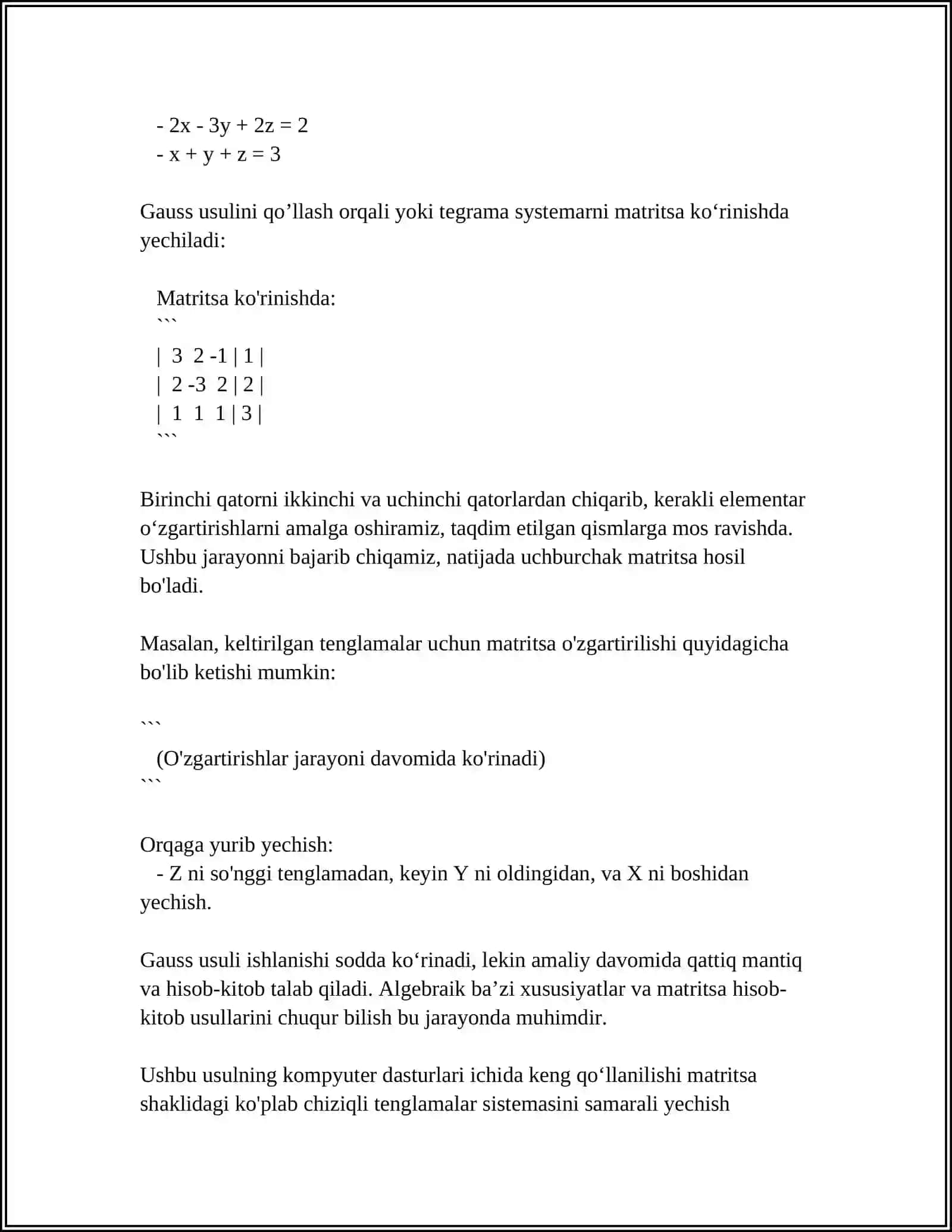 GAUSS USULI YORDAMIDA TENGLAMALAR SISTEMASINI YECHISH ALGORITMI 4
