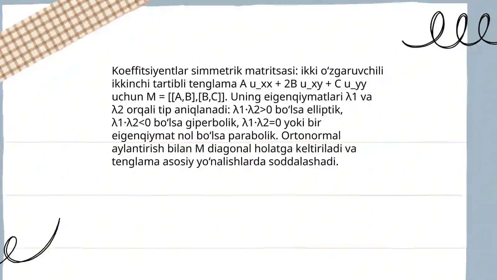 Ikkinchi tartibli ko'p o‘zgaruvchili tenglamalarning tiplarini aniqlash 4