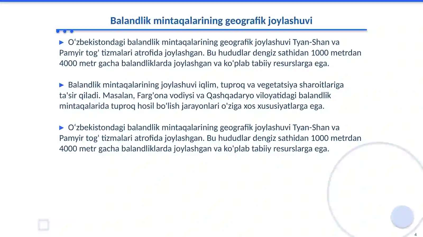 Oʻzbekistoning balandlik mintaqasi tuproqlar joylashuvi geografiyasi va uni muhofaza qilish 4