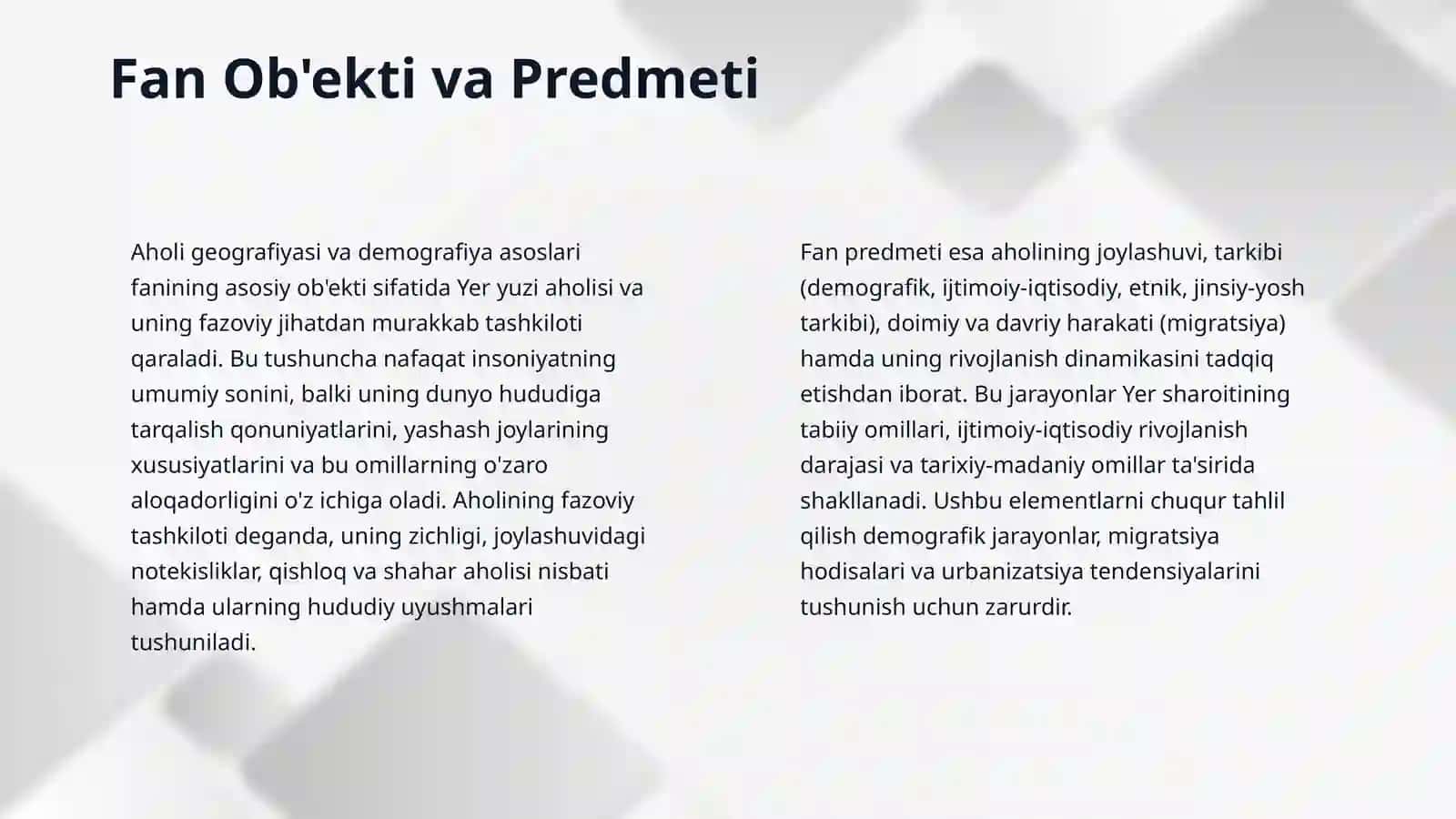 Aholi geografiyasi va demografiya asoslari fanining obekti predmeti maqsadi va vazifalari, tadqiqot usullari va uning  aholi geografiyasi tadqiqitlarda tutgan o'rni 4