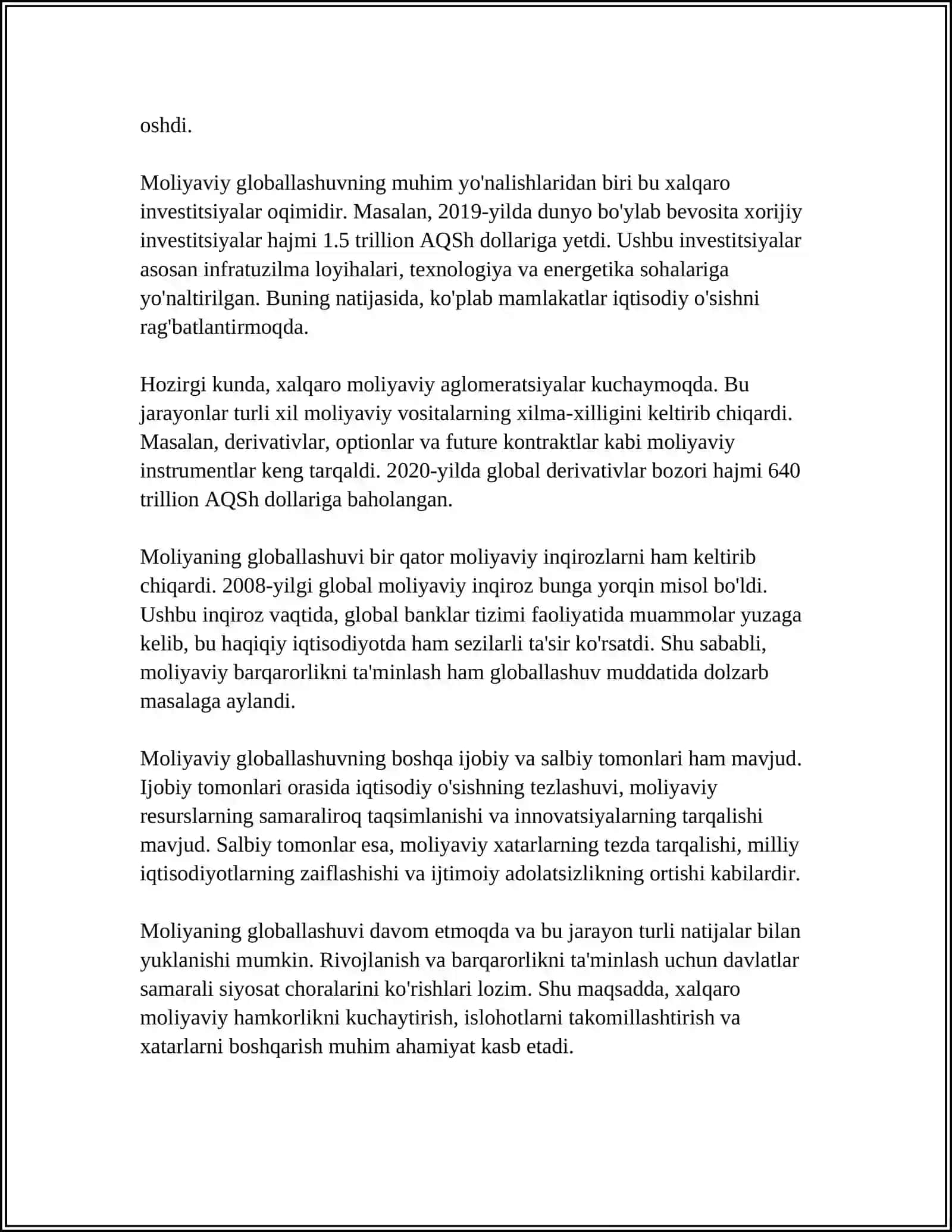Moliyaning Globallashuvi Sharoitidagi Ahamiyati Referat 4