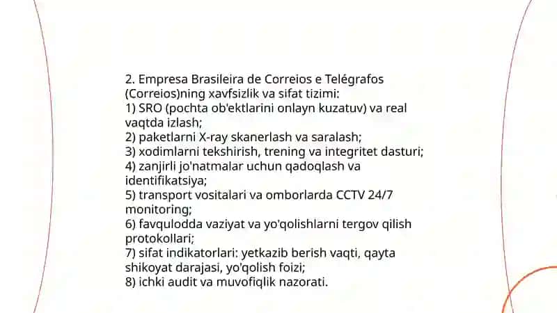 Pochta xizmatida xavfsizlik va sifat fanidan Braziliya davlati 4