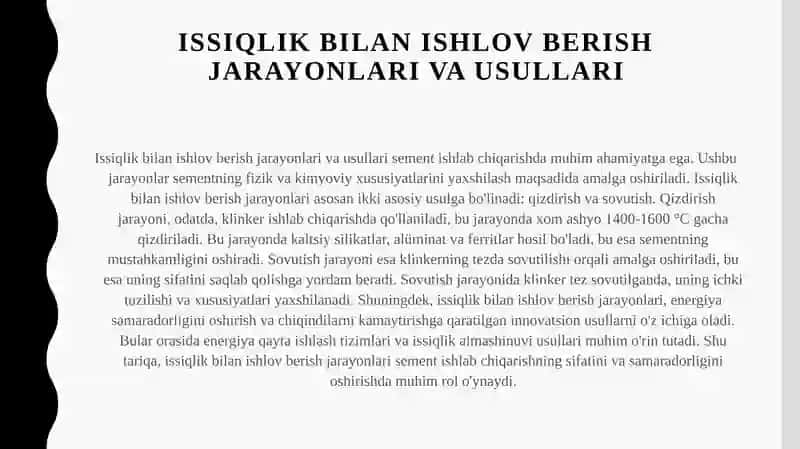 Issiqlik bilan ishlov beriladigan sement boʻyicha 4