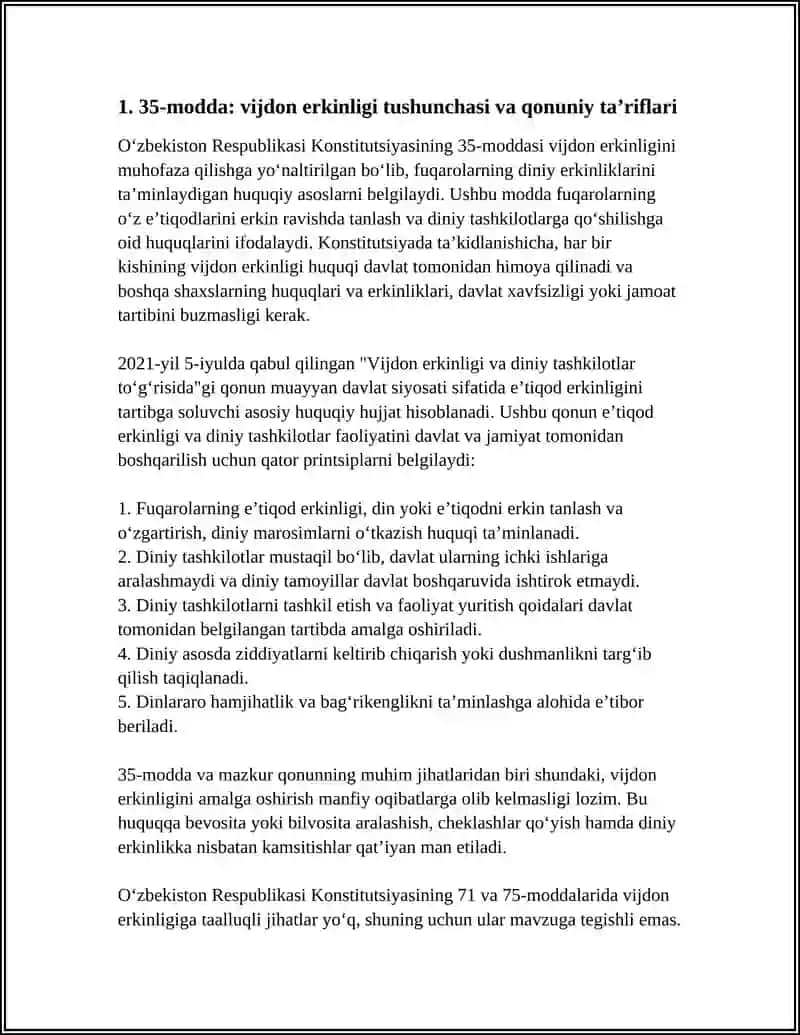 O'ZBEKISTON RESPUBLIKASI KONSTITUTSIYASI 35,71,75 MODDALARI HANDA "VIJDON ERKINLIGI VA DINIY TASHKILOTLAR TO'G'RISIDA" GI (2021 YIL 5 IYUL) QONUNI BO YICHA 4