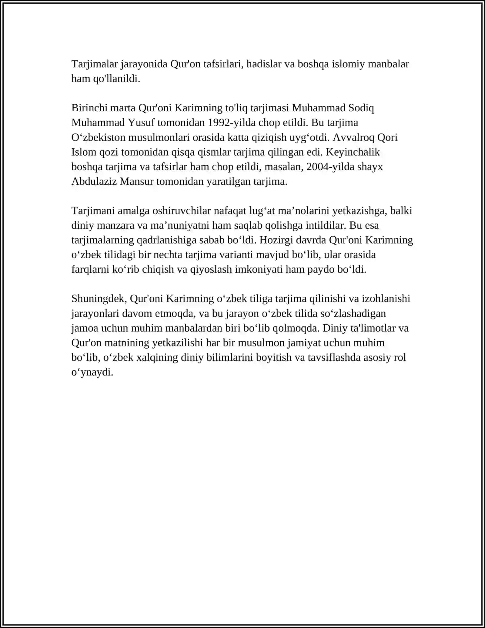 MUSTAQIL ISH Mavzu: QUR'ONI KARIMNING OʻZBEKCHA TARJIMALARI HAQIDA MALUMOTLAR 4