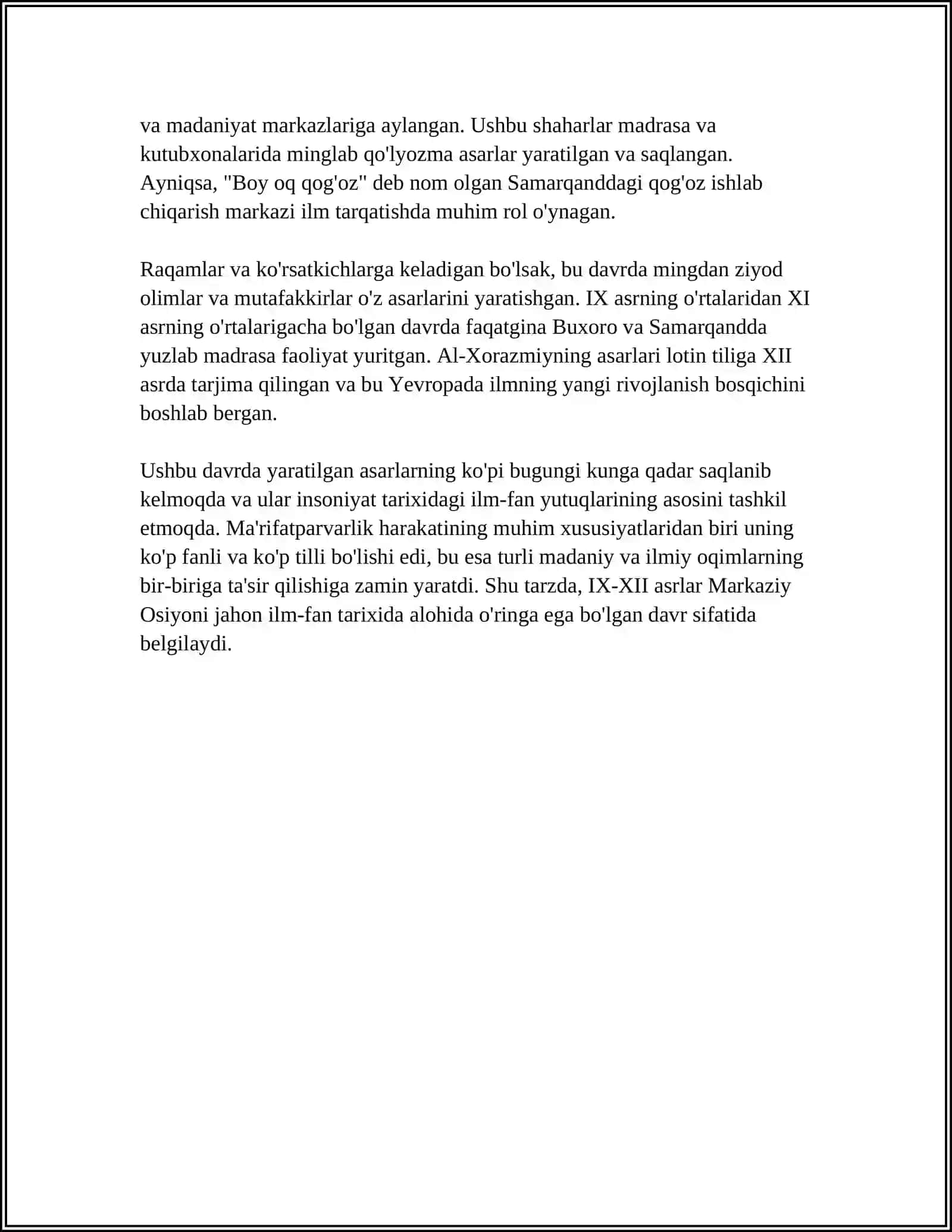 9-12 ASRLARDA MAMLAKATIMIZ HUDUDIDA ROʻY BERGAN MADANIY UYGʻONISH BUYUK ALLOMALARIMIZNING JAHON SIVILIZATSIYASIGA QOʻSHGAN HISSASI 4